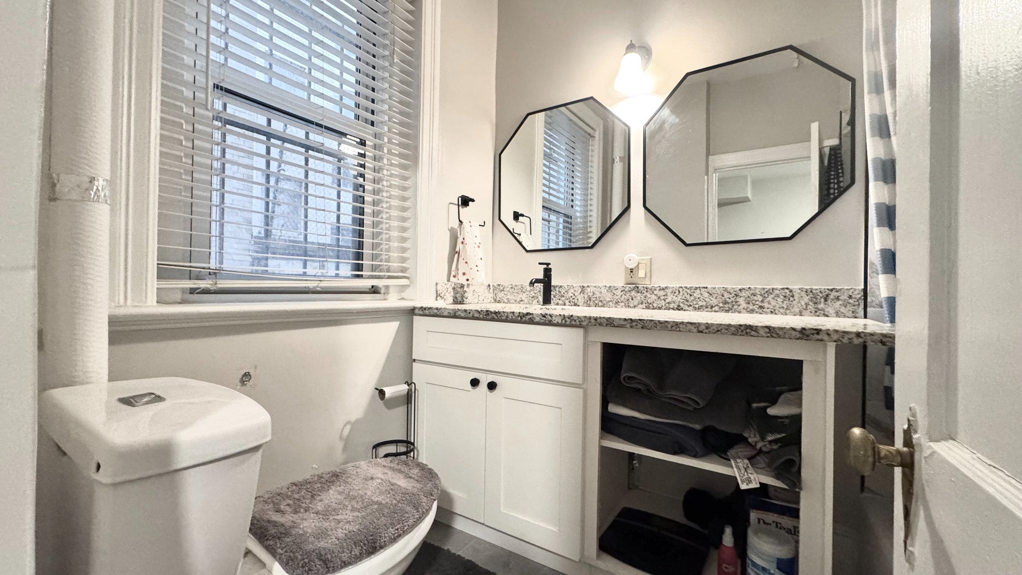 1954 Columbia Road Northwest, Unit 105 Washington, DC 20009 - Photo 11 of 12 a bathroom with a granite countertop toilet sink and mirror