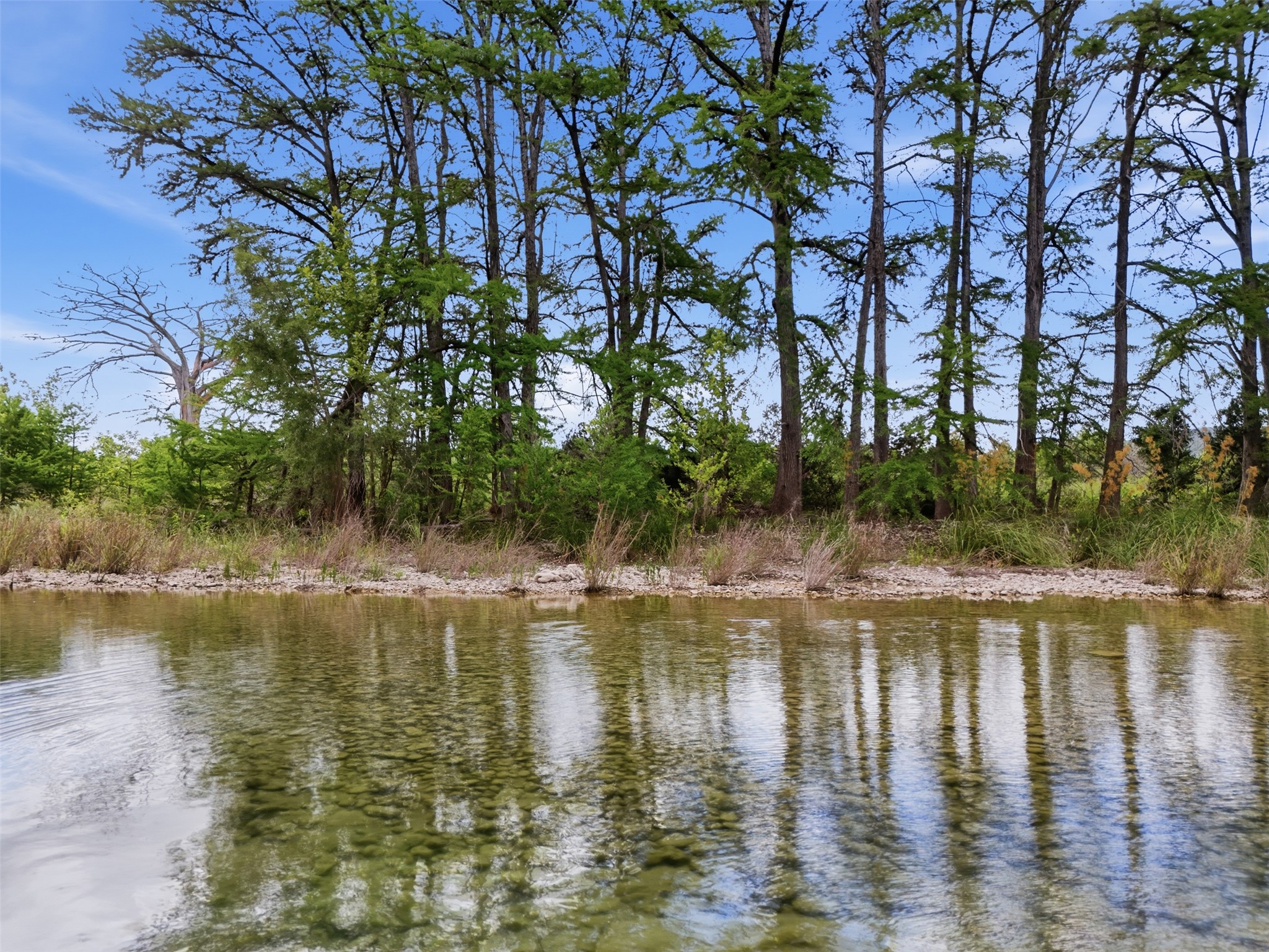 1260 Magers Road Concan, TX 78838 - Photo 3 of 40 A tranquil waterfront setting with mature trees reflected in clear, flowing water.