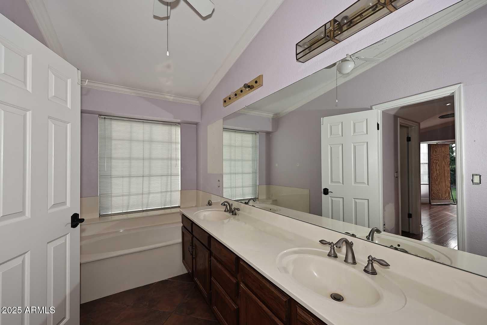 1971 East Buena Vista Drive Tempe, AZ 85284 - Photo 31 of 38 a bathroom with a double vanity sink a mirror and a bathtub