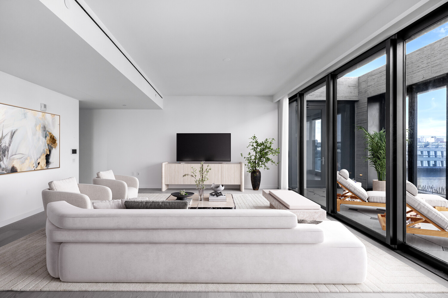 500 West 18th Street, Unit 5C Manhattan, NY 10011 - Photo 2 of 9 a living room with furniture and a flat screen tv