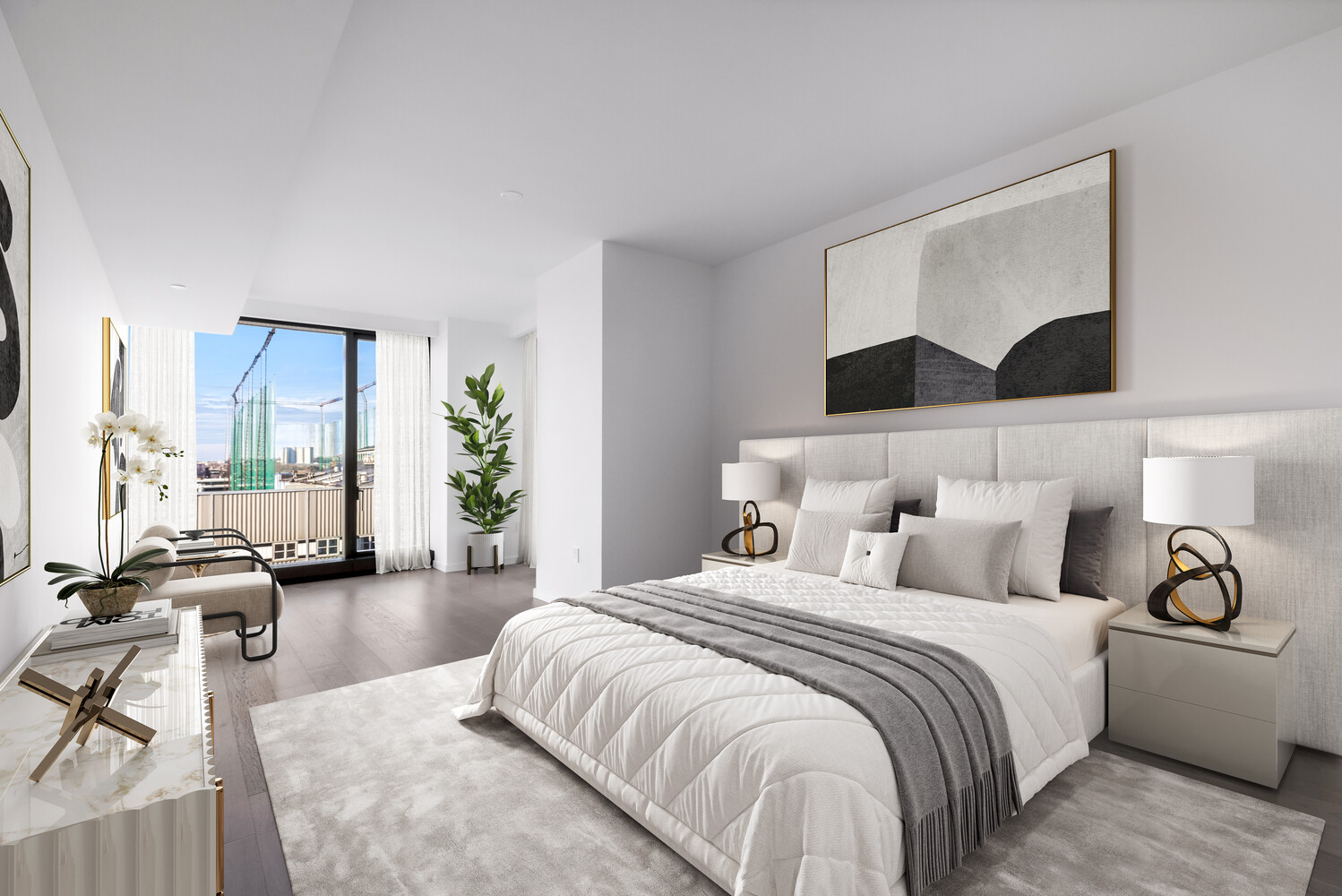 500 West 18th Street, Unit 5C Manhattan, NY 10011 - Photo 4 of 9 a bedroom with a balcony a bed and a chandelier