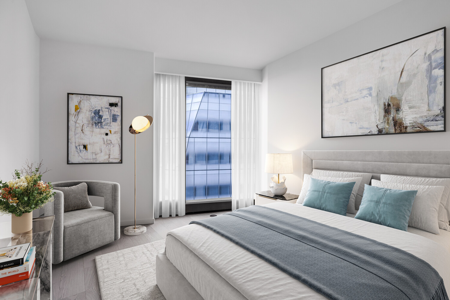 500 West 18th Street, Unit 5C Manhattan, NY 10011 - Photo 7 of 9 a bedroom with a bed couch and painting on the wall