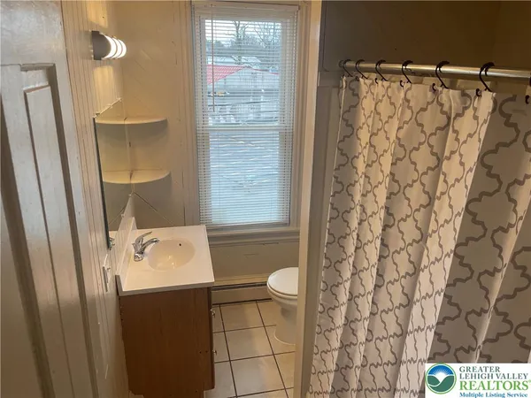a bathroom with a sink and a shower curtain