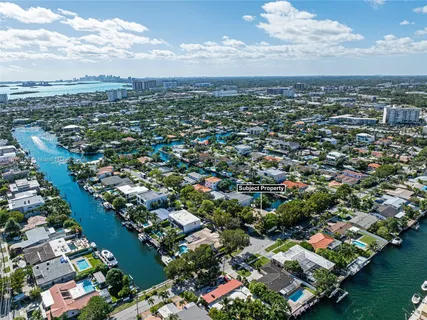 an aerial view of city and lake