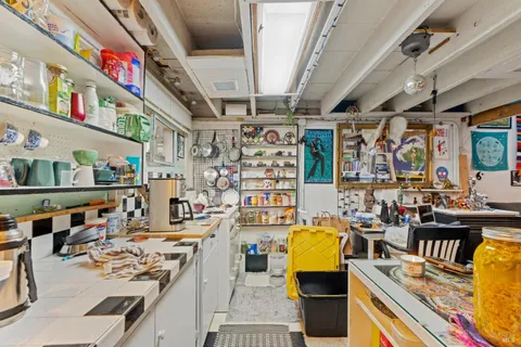 a room with lots of storage and a potted plant