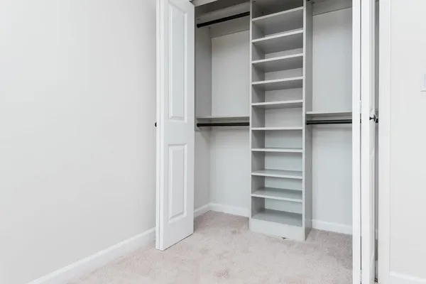 a view of room with walk in closet with empty racks