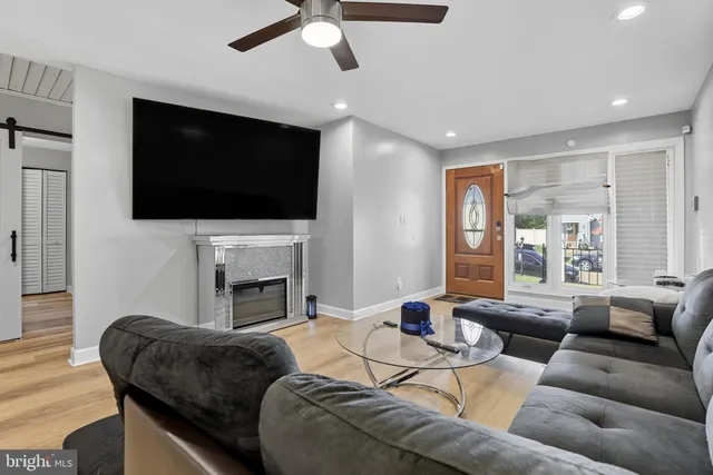 a living room with fireplace furniture and a flat screen tv