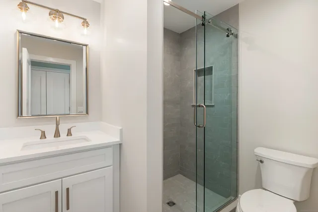 a bathroom with a shower sink vanity mirror and toilet