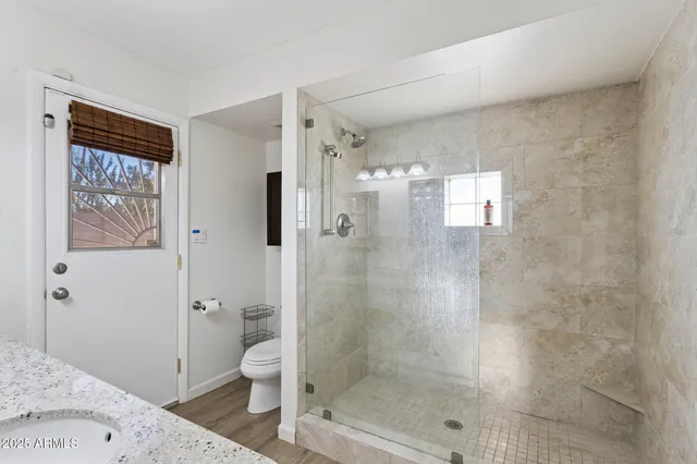 a bathroom with a shower a toilet and a sink