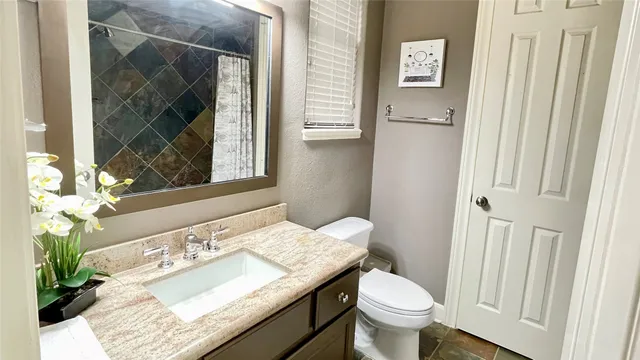 a bathroom with a granite countertop toilet a sink and a mirror