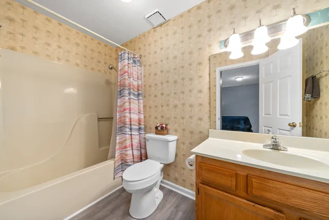 a bathroom with a sink a toilet and shower curtain