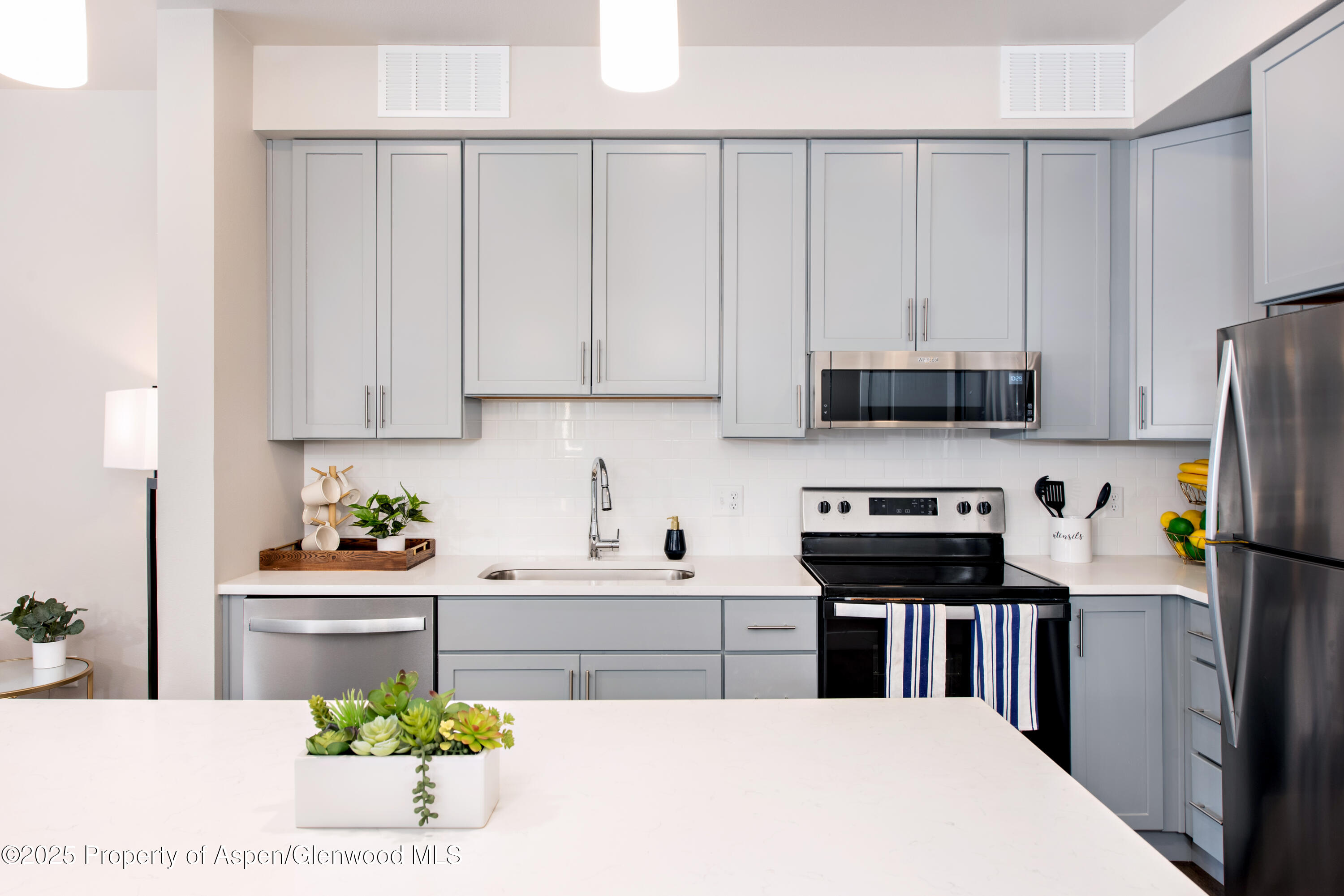 253 Wulfsohn Road, Unit 301 Glenwood Springs, CO 81601 - Photo 20 of 45 a kitchen with stainless steel appliances granite countertop a refrigerator sink and white cabinets