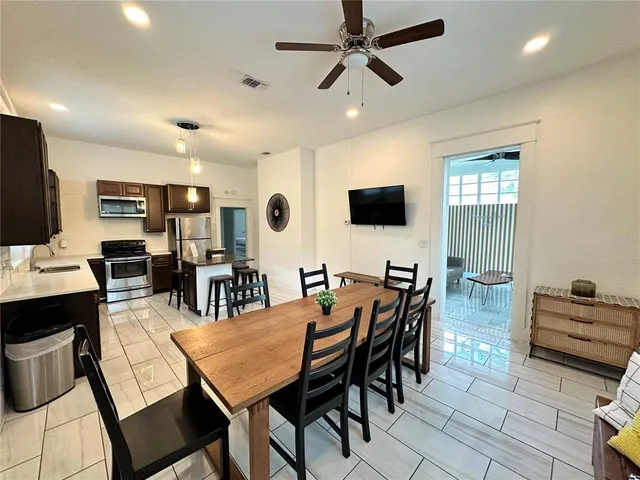 a view of a dining room with furniture