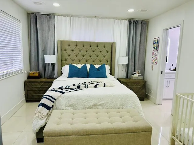a bedroom with a bed and flat screen tv