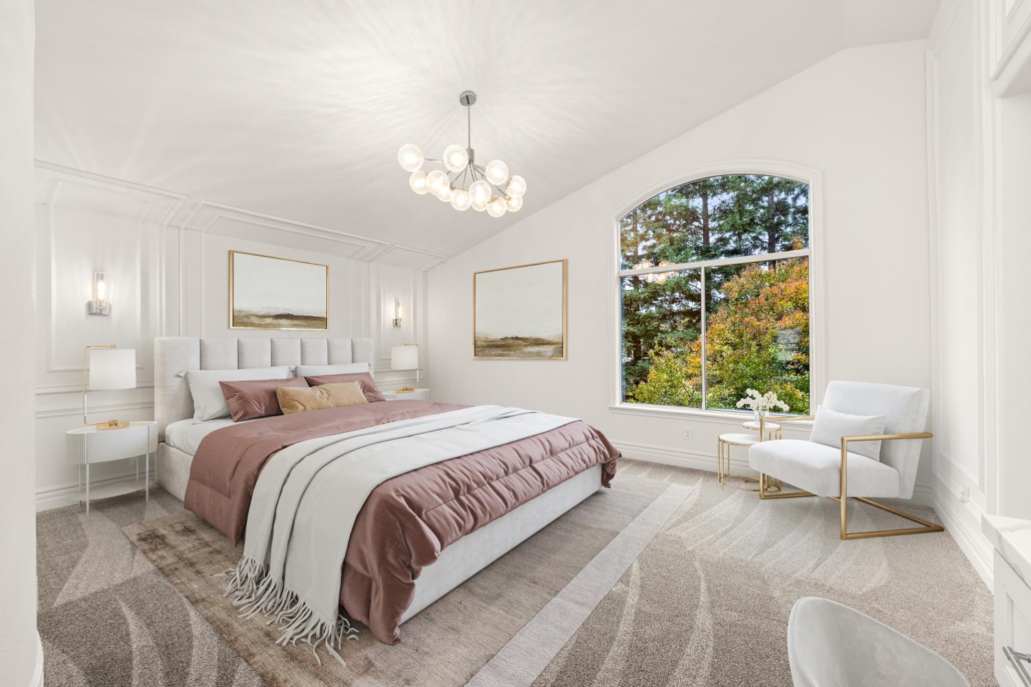 9337 Crocker Road Granite Bay, CA 95746 - Photo 35 of 56 a spacious bedroom with a large bed and a chandelier