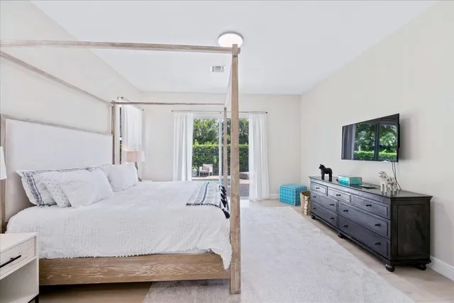 a bedroom with a bed and a flat tv screen on dresser