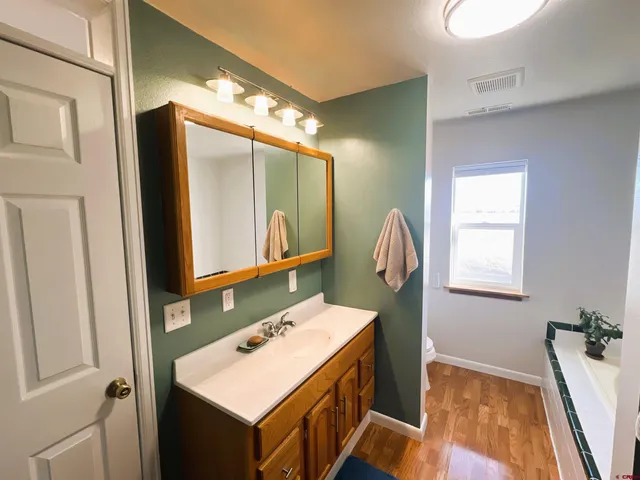 a bathroom with a sink vanity and a mirror