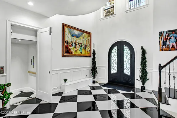a view of a black and white checkered floor