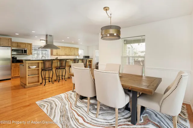 a view of a dining room with furniture