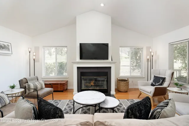 a living room with furniture a flat screen tv and a fireplace