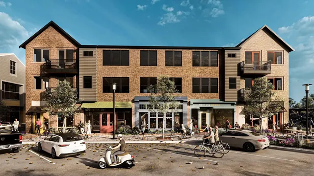 a front view of a building with street view