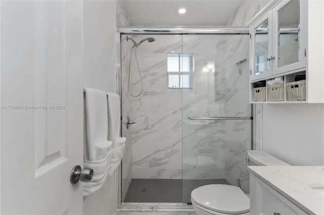 a bathroom with a shower and toilet