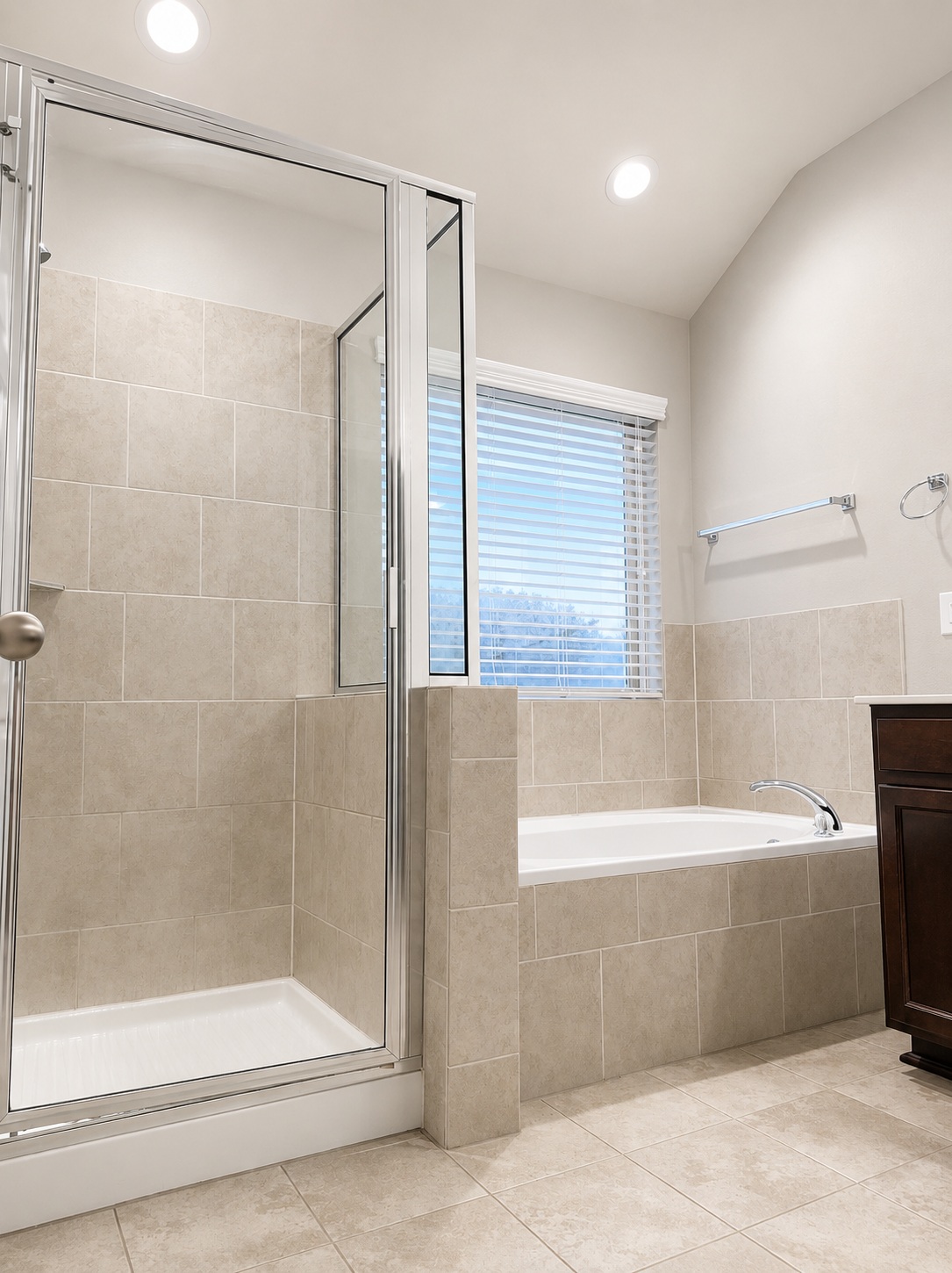187 Limerick Road Buda, TX 78610 - Photo 9 of 18 Luxurious bathing quarters feature a spacious walk-in shower and a deep soaking tub beneath a sun-filtering window.