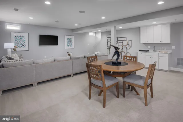 a view of a dining room with furniture