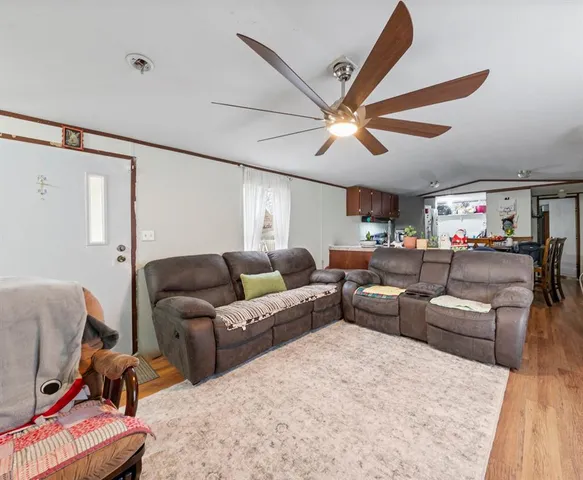 a living room with furniture a ceiling fan and a rug