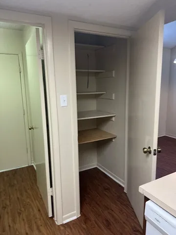 a view of a hallway with wooden floor and closet