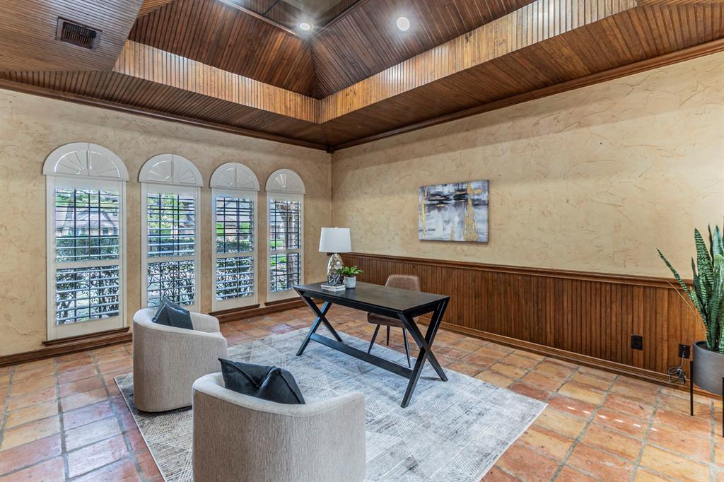 2714 Ridge Top Lane Arlington, TX 76006 - Photo 14 of 37 Office area with a wainscoted wall, wooden walls, a textured wall, and wooden ceiling