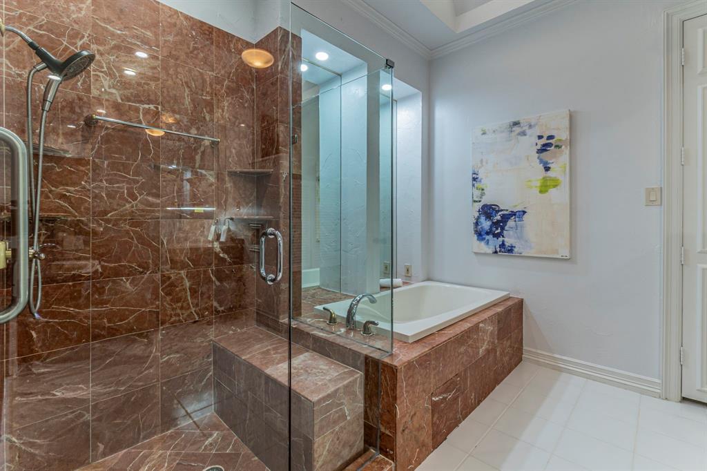 2714 Ridge Top Lane Arlington, TX 76006 - Photo 22 of 37 Bathroom featuring ornamental molding, a marble finish shower, and a garden tub