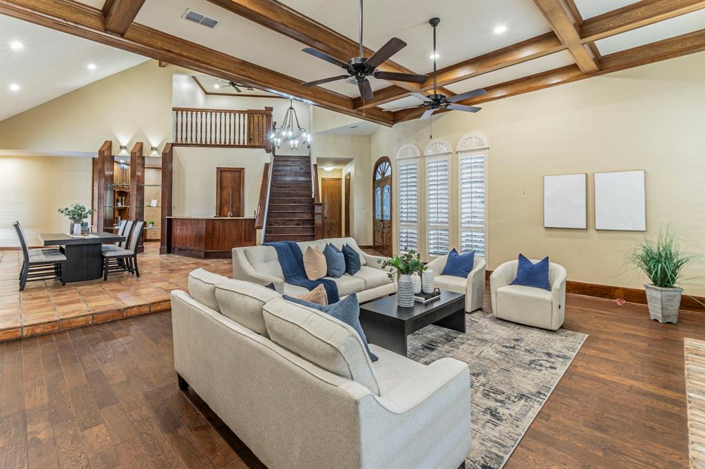 2714 Ridge Top Lane Arlington, TX 76006 - Photo 6 of 37 Living room with dark wood-style floors, recessed lighting, a ceiling fan, and coffered ceiling