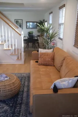 a living room with furniture and a potted plant