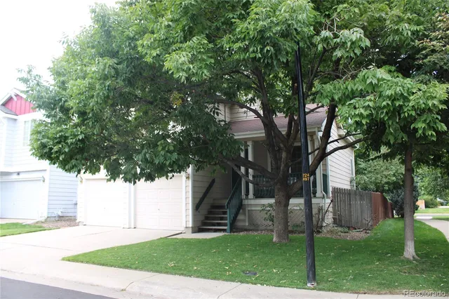 a tree in front of a white house