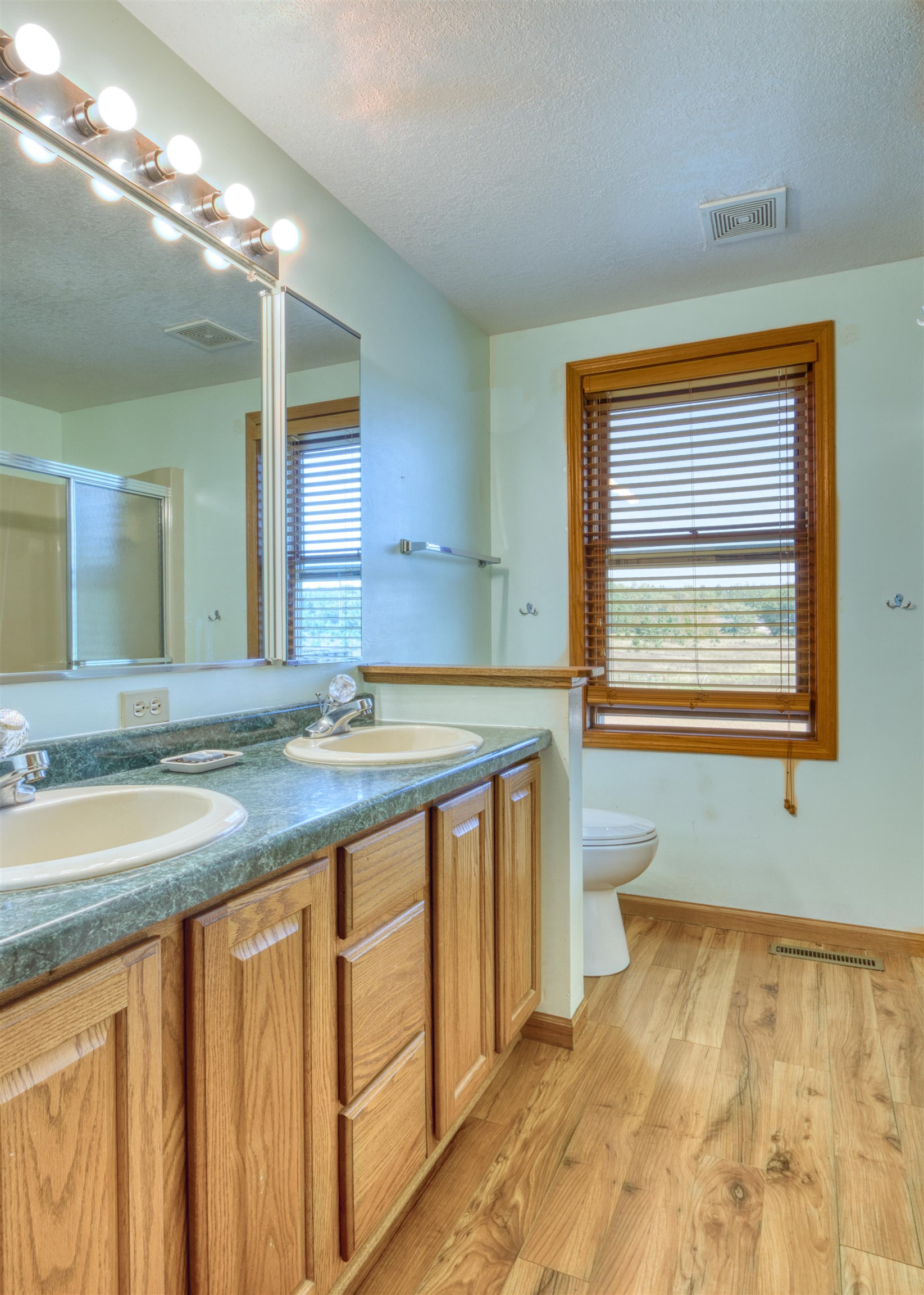 9018 North Anderson Road Hayward, WI 54843 - Photo 40 of 42 Bathroom featuring healthy amount of natural light, a stall shower, light wood-style floors, double vanity, and a textured ceiling