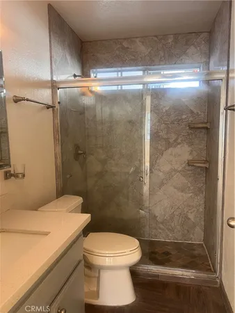 a bathroom with a shower and a toilet