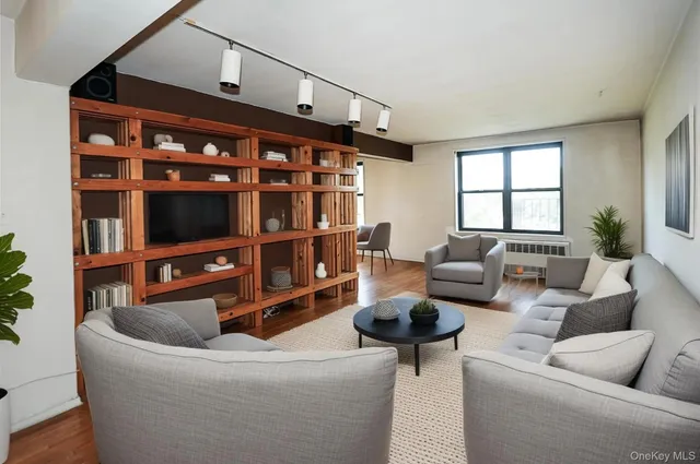 a living room with furniture a rug and a book shelf