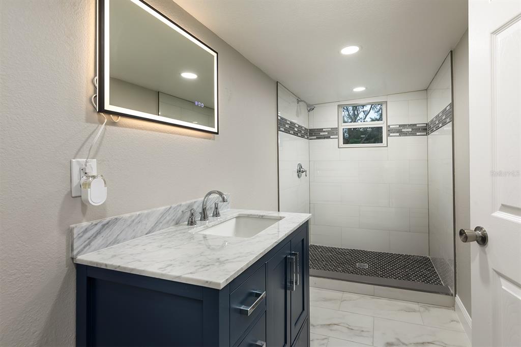 1007 San Domingo Road Orlando, FL 32808 - Photo 13 of 17 a bathroom with a granite countertop sink a shower and a mirror