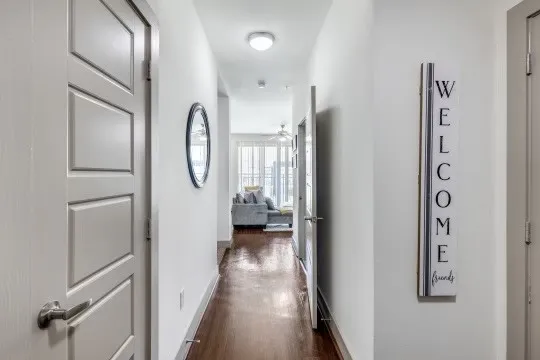 a view of a hallway with painted walls