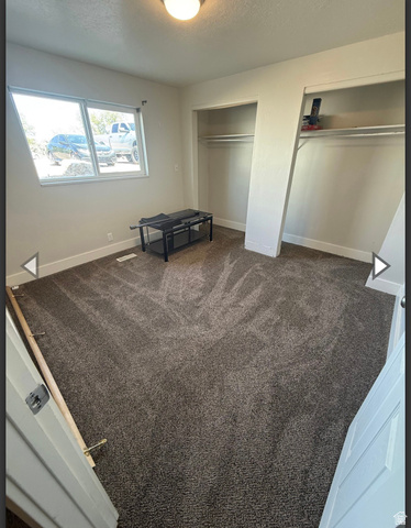 102 East Richelman Lane Wellington, UT 84542 - Photo 23 of 39 Unfurnished bedroom with two closets, a textured ceiling, and dark carpet