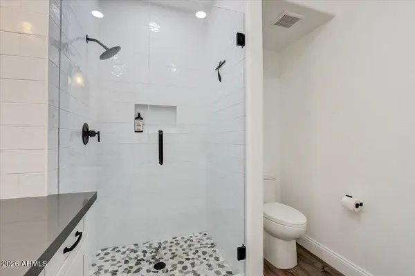 a bathroom with a granite countertop sink toilet and shower