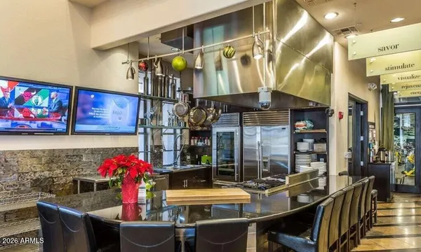 a view of a dining room with furniture