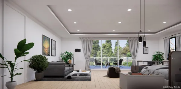 a living room with furniture potted plant and a large window