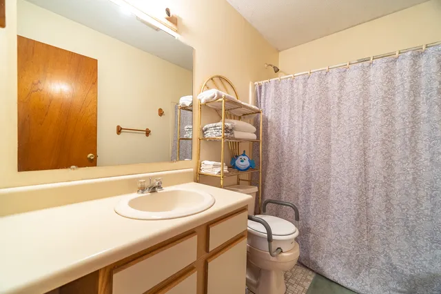 a bathroom with a sink a toilet and shower curtain