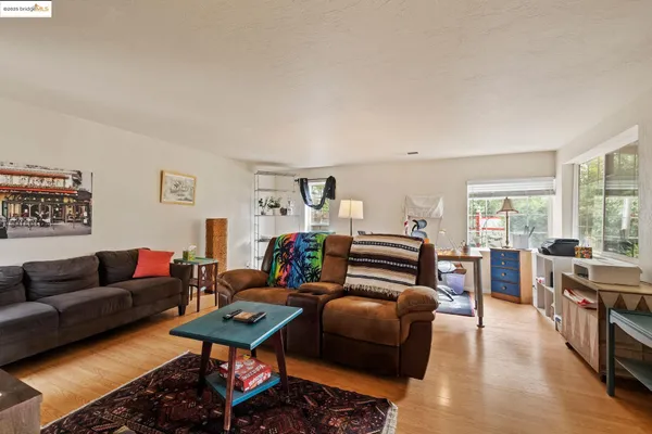 a living room with furniture a rug and a window