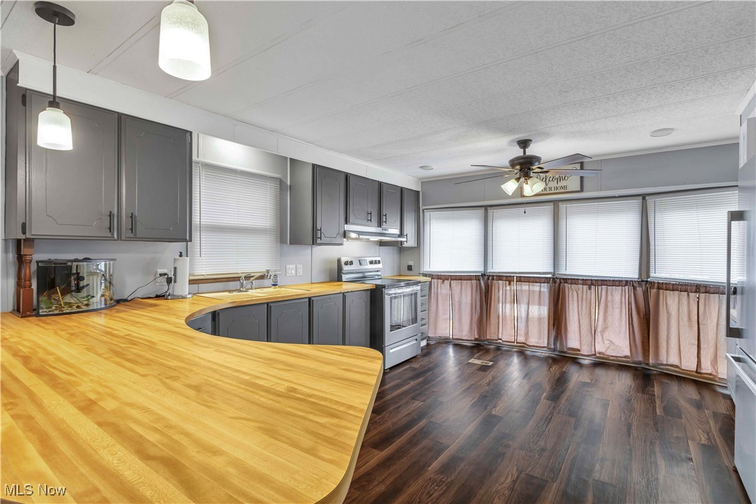 35157 Center Ridge Road, Unit 120 North Ridgeville, OH 44039 - Photo 6 of 25 Kitchen featuring gray cabinets, appliances with stainless steel finishes, dark wood-type flooring, a ceiling fan, and decorative light fixtures