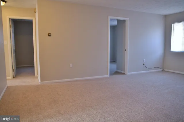 a view of an empty room with windows and closet