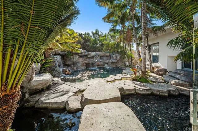 a view of backyard with outdoor seating and plants