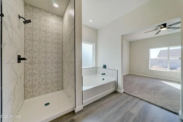 a bathroom with a bathtub and a shower